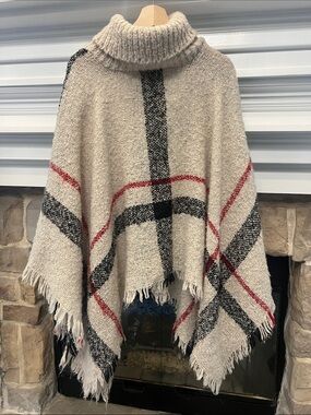 Cozy Turtleneck Tartan Plaid Poncho in Cream, Black & Red- Read description